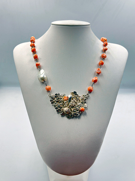 Collana Argento Etrusca Corallo Rosa e Perla